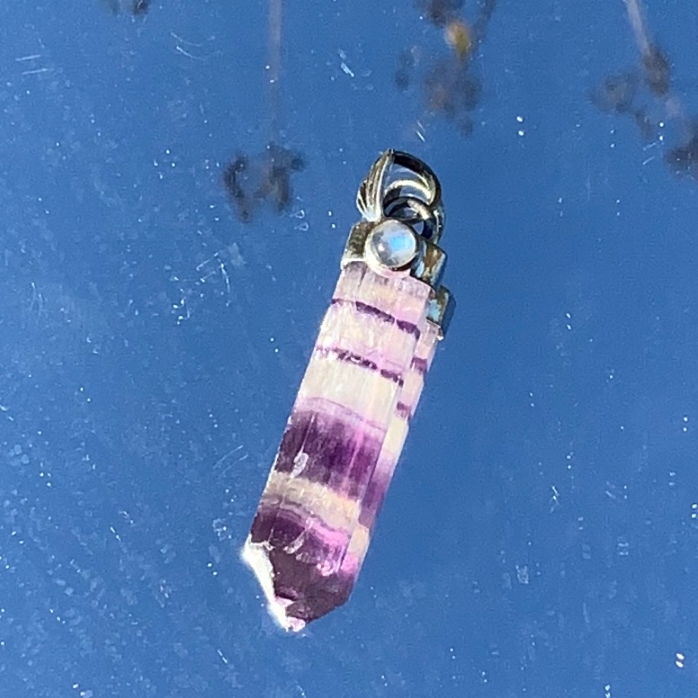 RAINBOW FLUORITE POINT & MOONSTONE 925 STERLING SILVER PENDANT